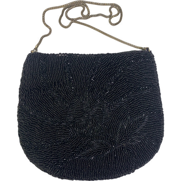 LA REGALE Black Beaded Evening Hand Bag w/Shoulder‎ Chain Strap - Picture 4 of 11